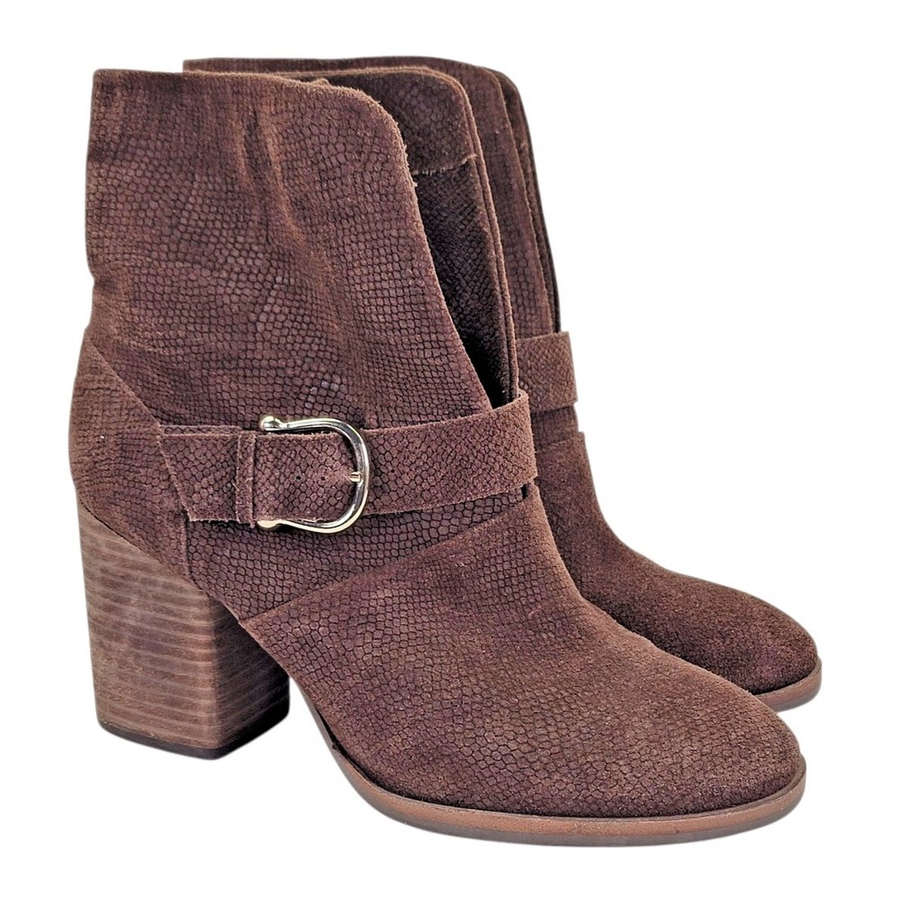 Isola‎ Lavoy Bootie Women's Brown Suede Block Heel Buckle Slip On Shoes Size 10M
